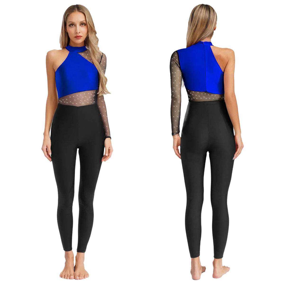 One Shoulder Rhinestone Mesh Jumpsuit | Dance Unitard