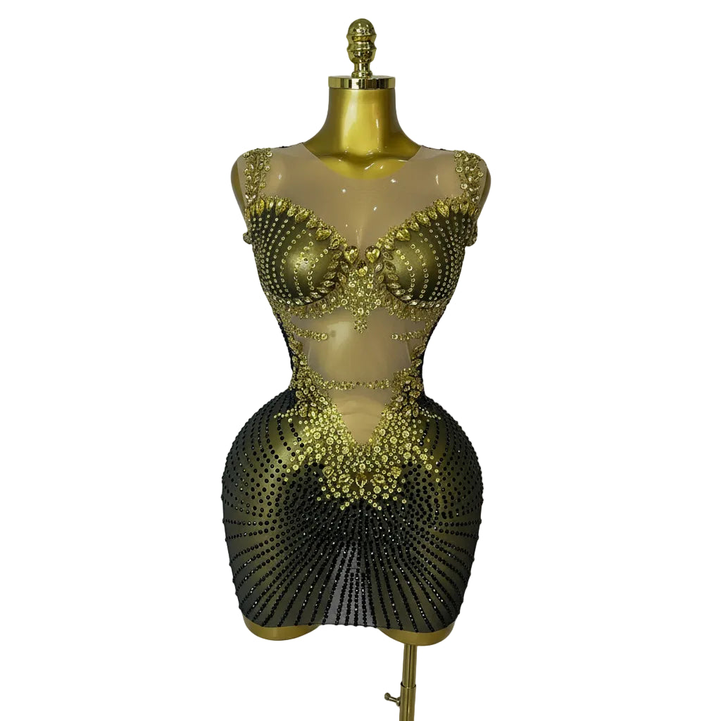 Gold Rhinestone Mesh Mini Dress | Fringe Skirt | Stage & Club