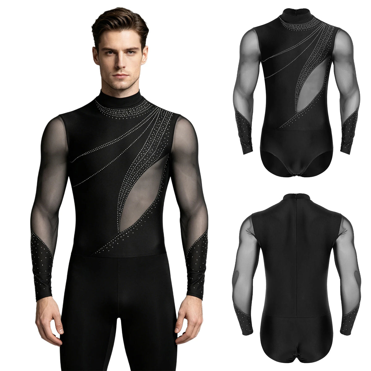 Men's Rhinestone Dance Leotard | Deep V-Neck & Velvet Mesh Patchwork | Long Sleeve
