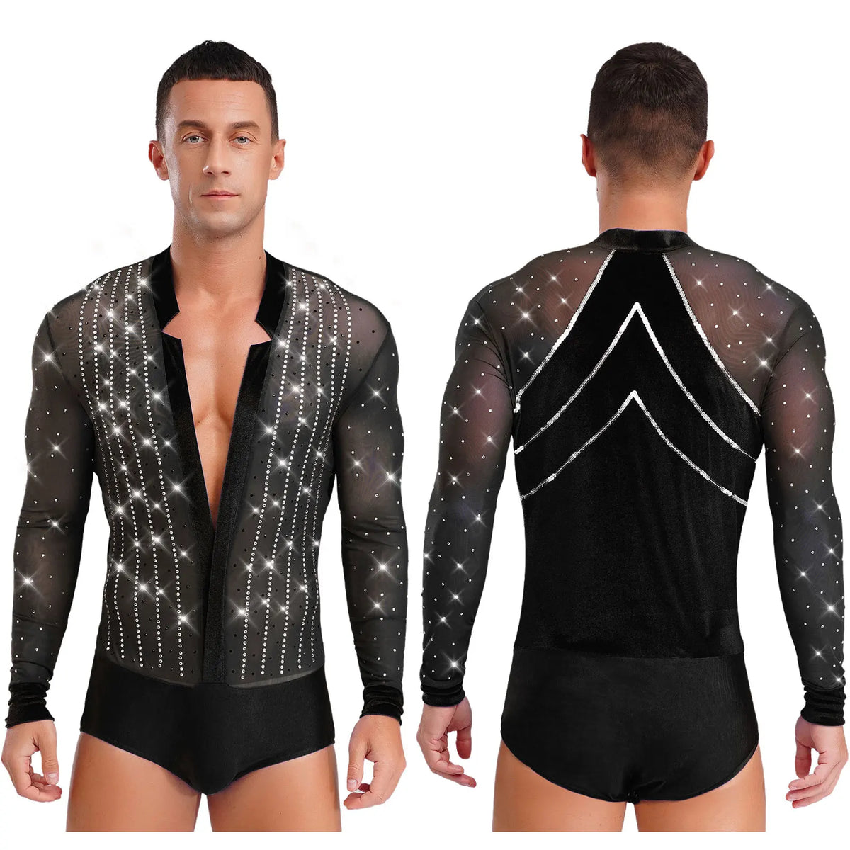 Men's Rhinestone Dance Leotard | Deep V-Neck & Velvet Mesh Patchwork | Long Sleeve