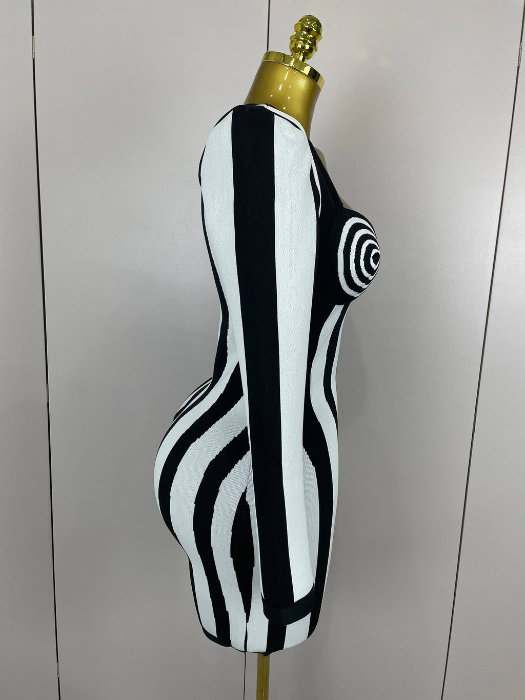 Stripe Long-Sleeve Bandage Mini Dress | Spiral Bust | Black & White