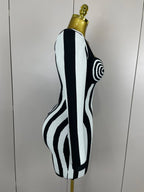 Stripe Long-Sleeve Bandage Mini Dress | Spiral Bust | Black & White
