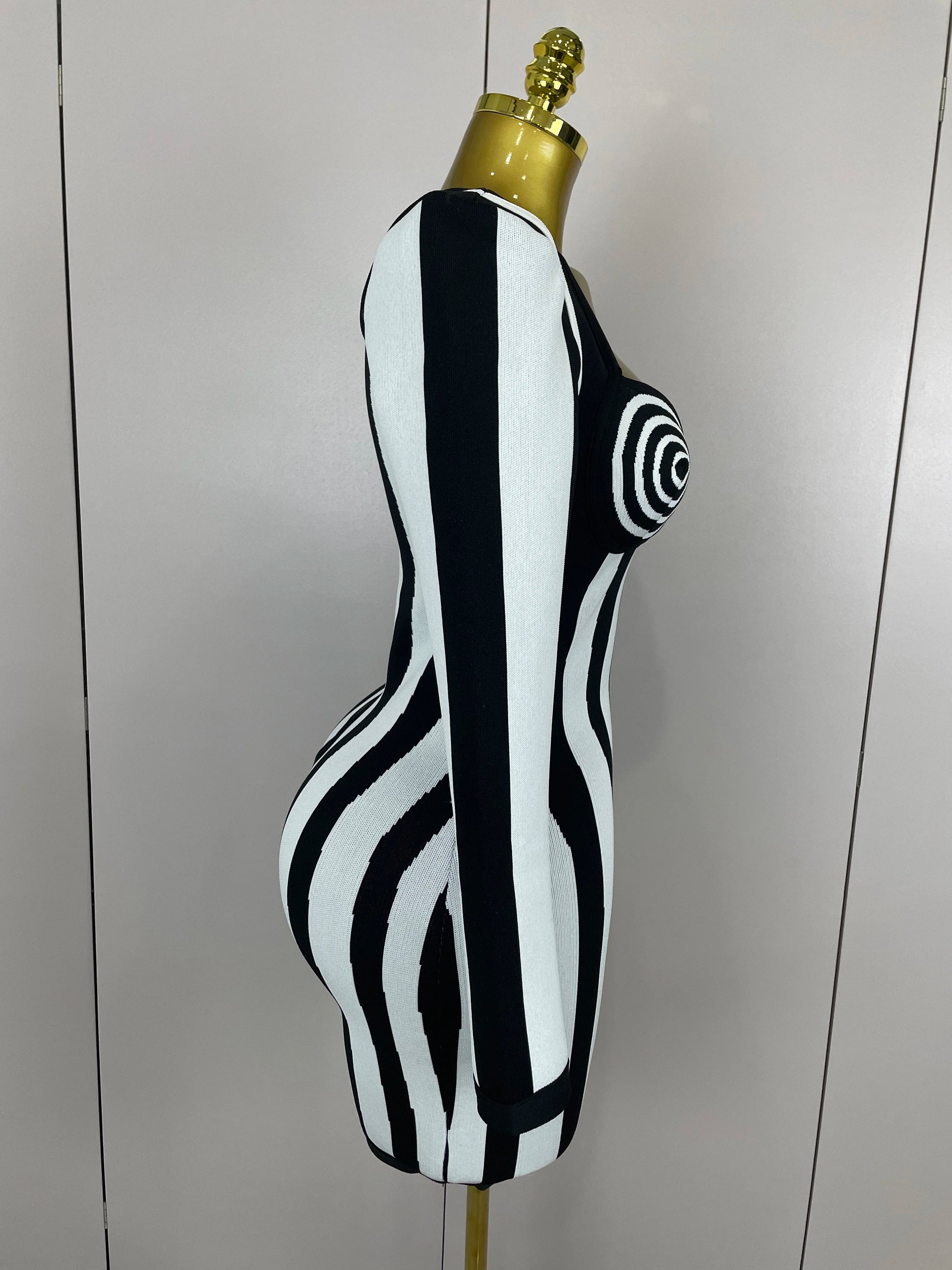 Stripe Long-Sleeve Bandage Mini Dress | Spiral Bust | Black & White