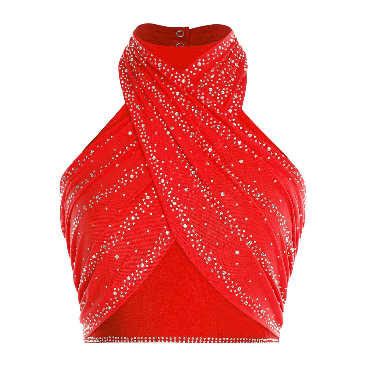 Women's Rhinestone Cross-Halter Dance Crop Top | Backless & Ruched Mesh | Latin & Salsa