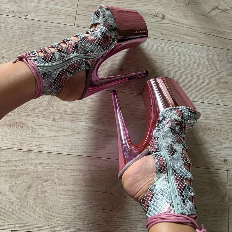 20CM Platform Ankle Boots - Snake Print High Heel with Chrome Platform Base