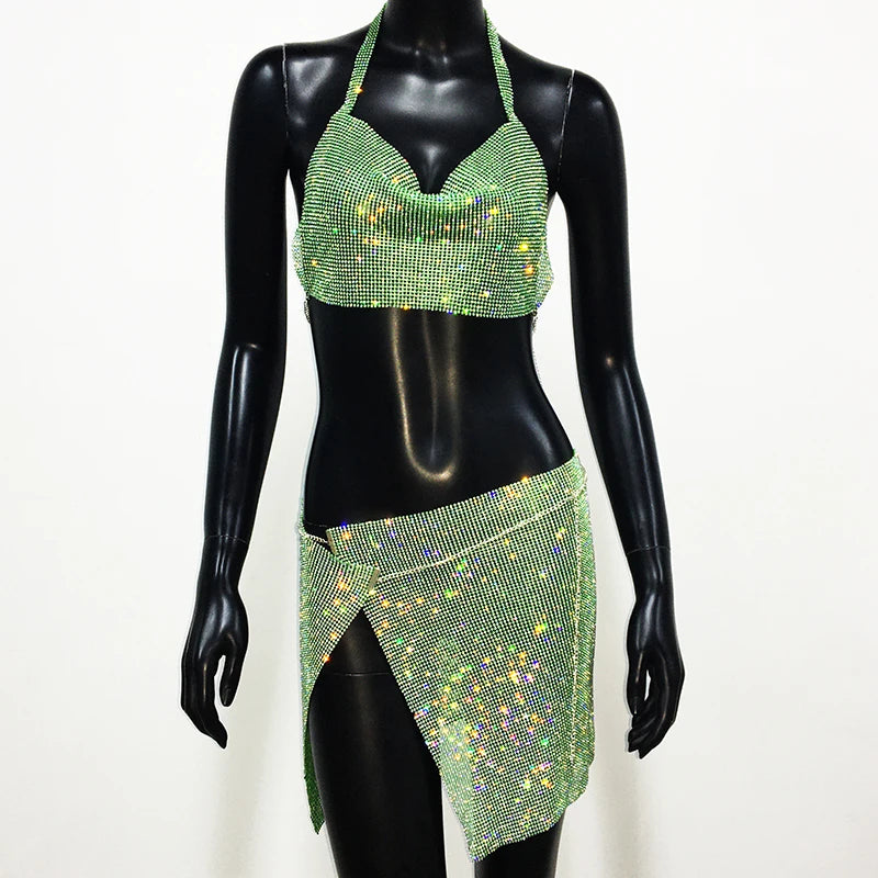 Rhinestone 2-Piece Set - Backless Crop Top & Split Mini Skirt