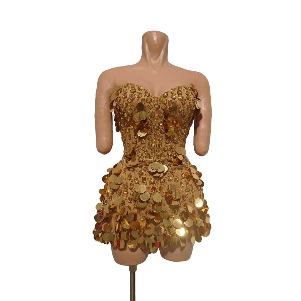 Coin Sequin & Rhinestone Mini Dress | Strapless | Gold & Silver