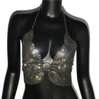 Crystal Fishnet Halter Crop Top - Metal Chain Push-Up Camisole for Stage