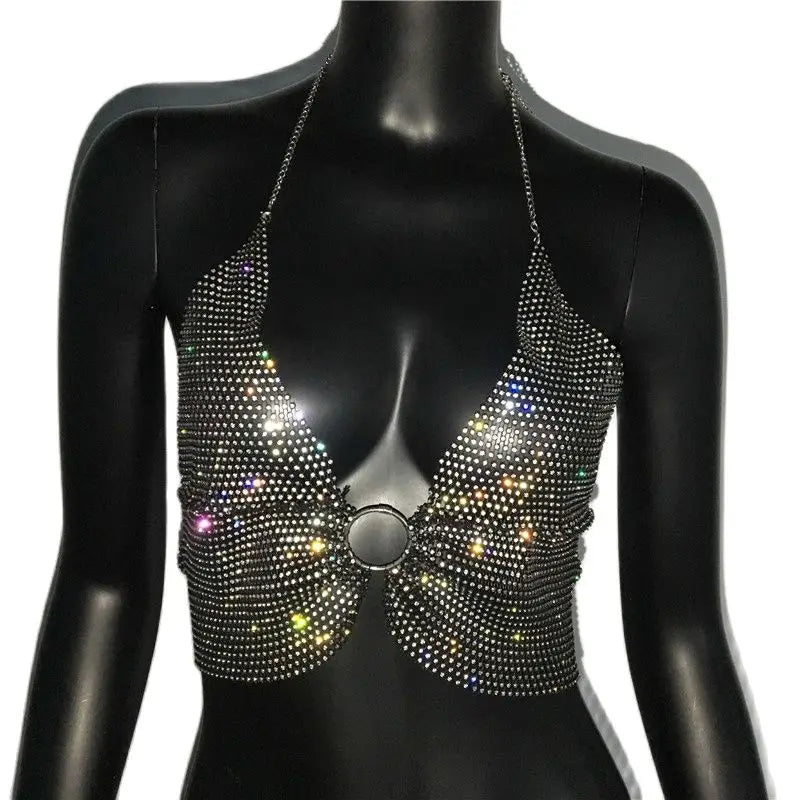 Crystal Fishnet Halter Crop Top - Metal Chain Push-Up Camisole for Stage