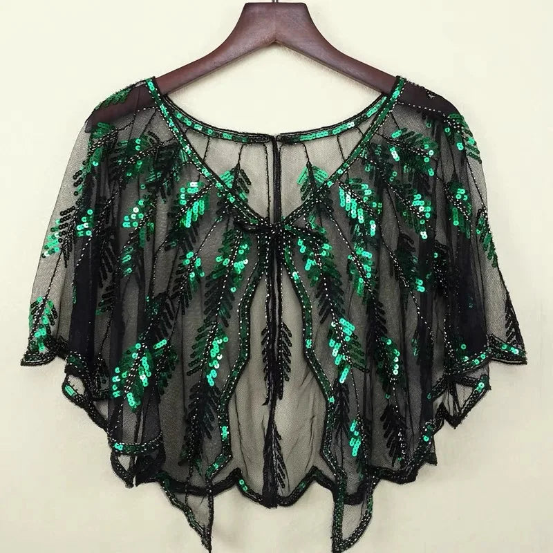 1920s Sequin Leaf Cape | Sheer Mesh Bolero | Flapper Shawl