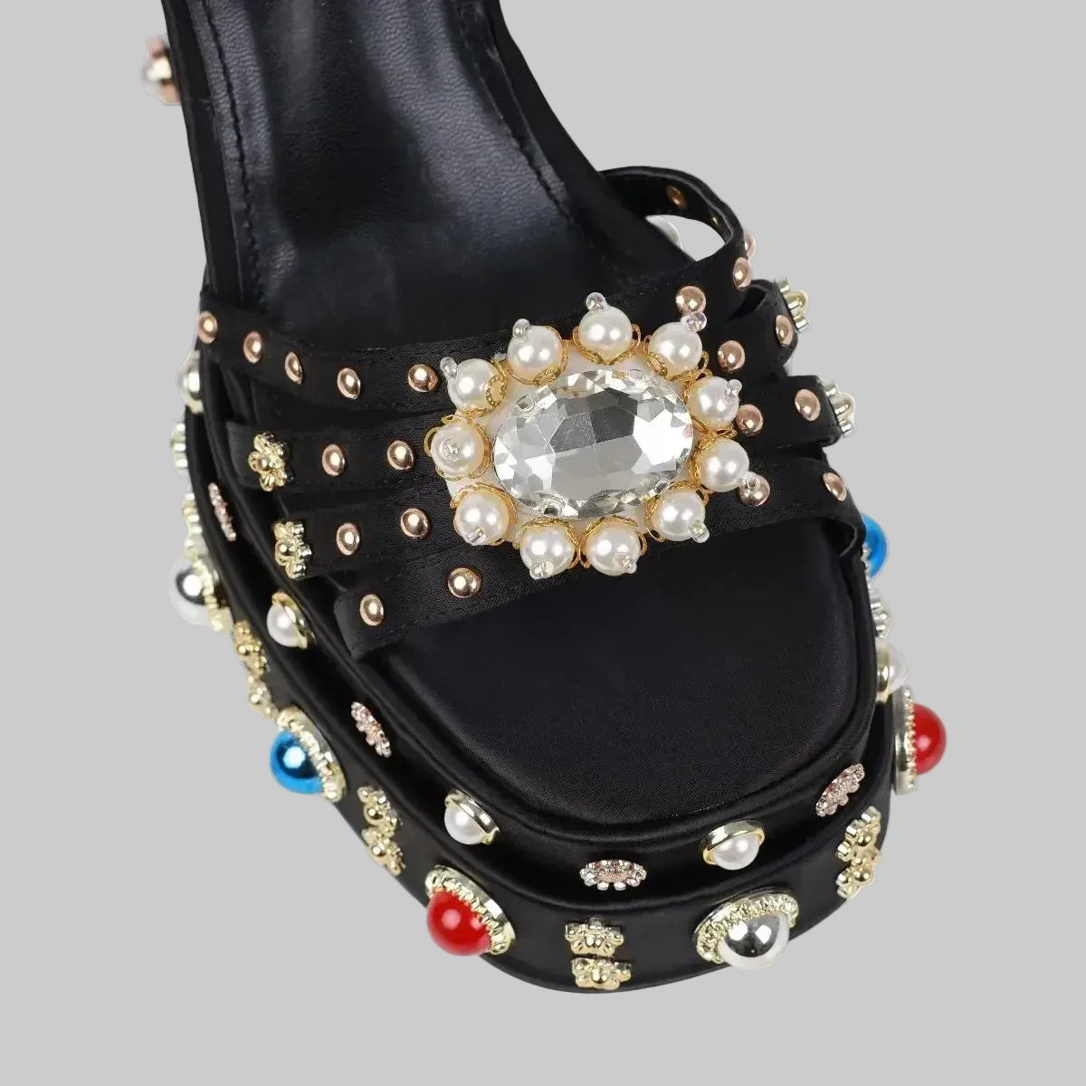 Crystal Platform Sandals - Rhinestone Ankle Strap Heels