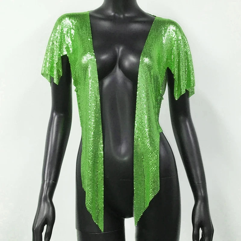 Metal Sequin Crop Cardigan - V-Neck Festival Performance Top