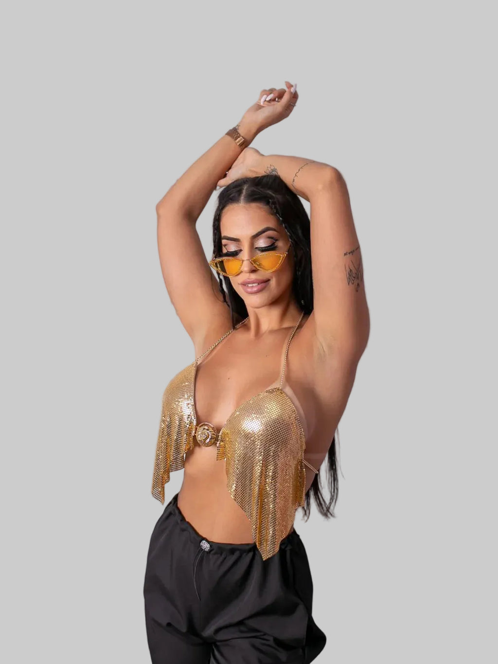 Metallic Sequin Halter Crop Top - Deep V-Neck Backless