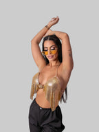 Metallic Sequin Halter Crop Top - Deep V-Neck Backless