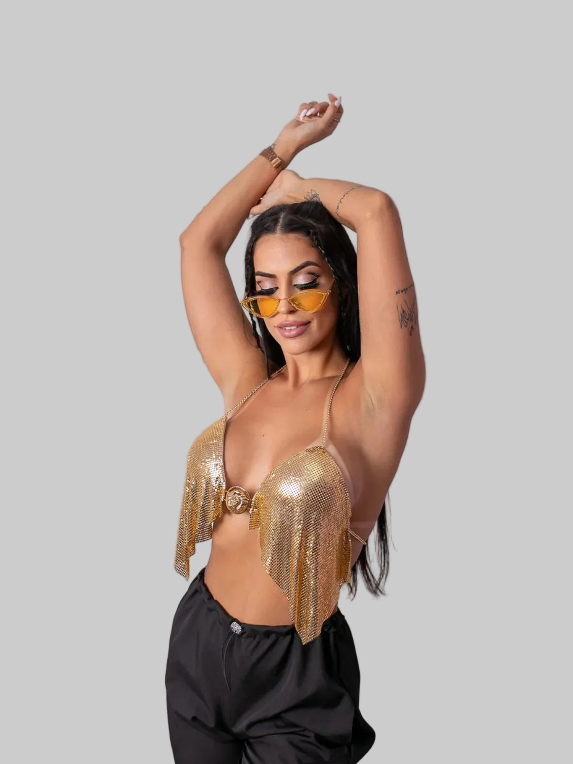 Metallic Sequin Halter Crop Top - Deep V-Neck Backless