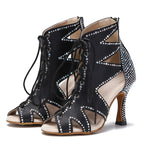 Rhinestone Lace-Up Latin Dance Booties | Black, Red, White & Nude | 6–9cm Heel