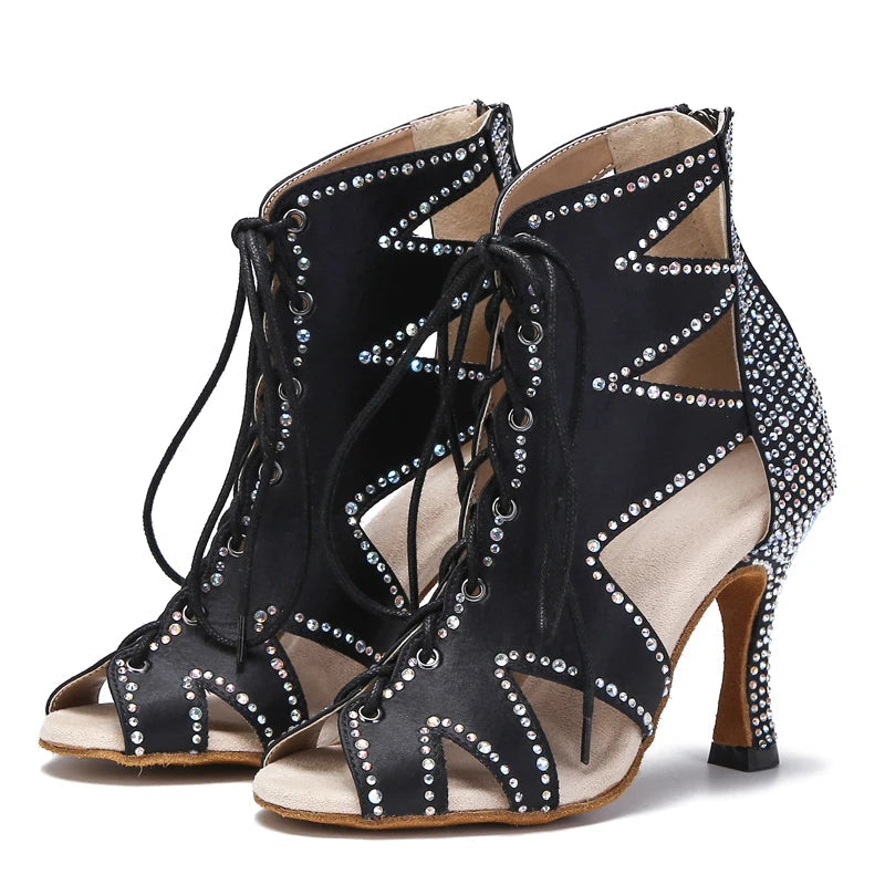 Rhinestone Lace-Up Latin Dance Booties | Black, Red, White & Nude | 6–9cm Heel