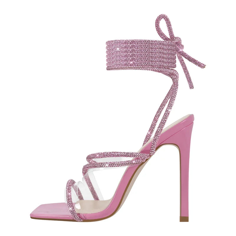Rhinestone Lace-Up Stiletto Sandal | Crystal Strap | Multi-Color