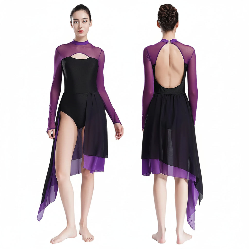 Lyrical Dance Dress | Cutout Back & Mesh Sleeves | Irregular Hem