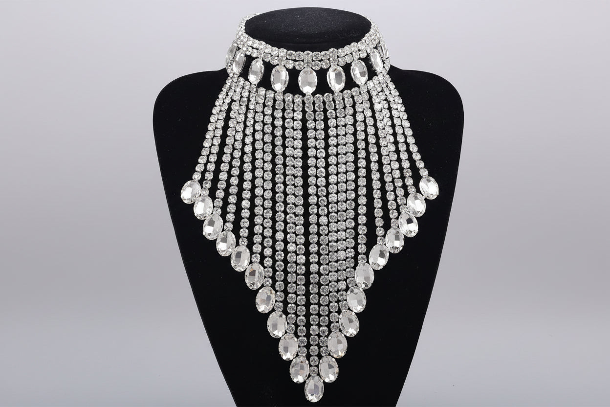 Rhinestone Tassel Necklace - AB Crystal Water Drop Statement Choker