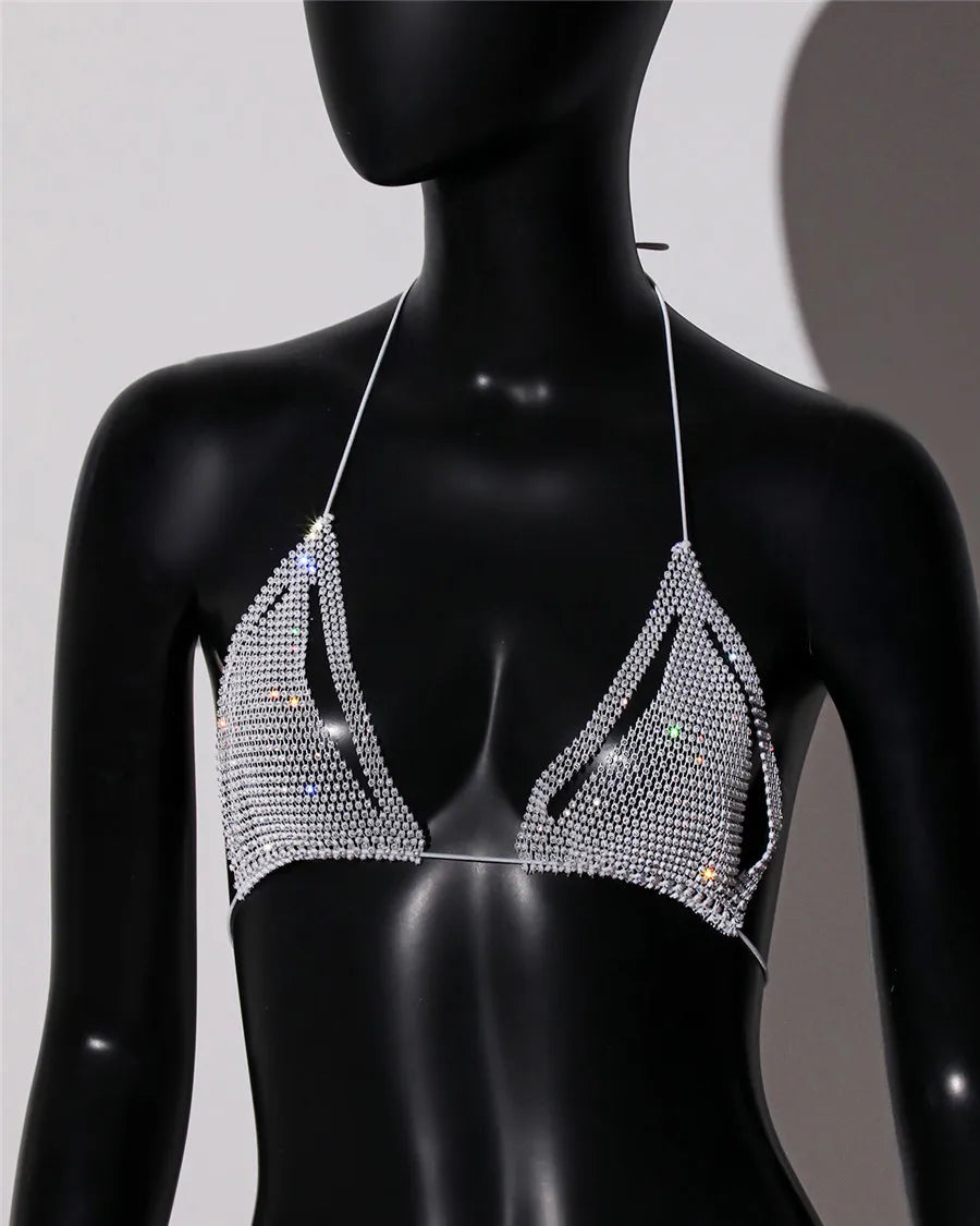 Rhinestone Fishnet Halter Bra Top - Backless Beach Bikini Top