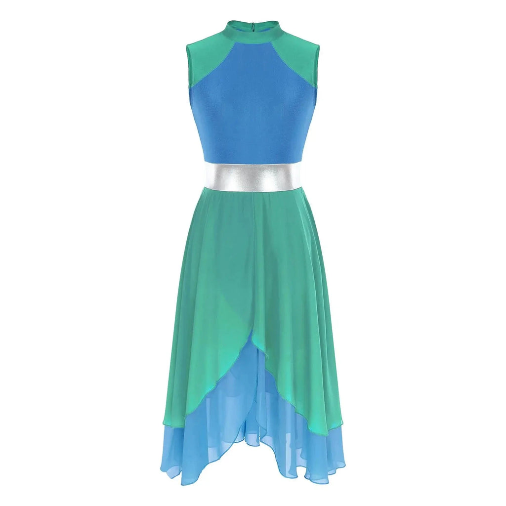 Color Block Lyrical Dance Dress | Mock Neck | Asymmetric Hem