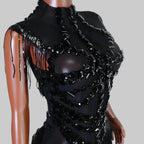 Sexy Mesh Sheer Black Rhinestone Bodysuit