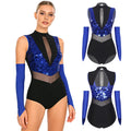 Women's Sequin Dance Leotard | Mock Neck & Sheer Mesh Waist | Includes Arm Sleeves