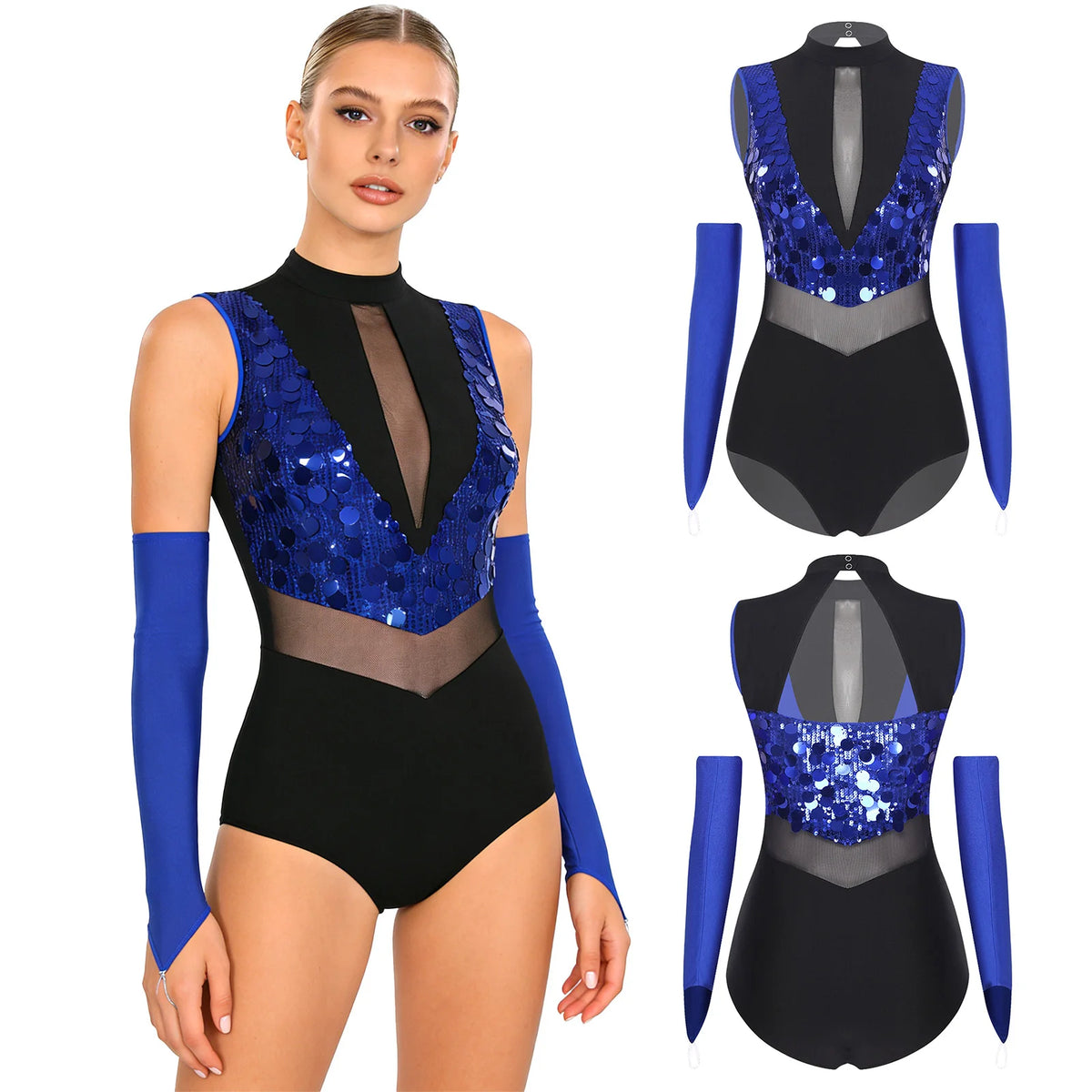 Women's Sequin Dance Leotard | Mock Neck & Sheer Mesh Waist | Includes Arm Sleeves