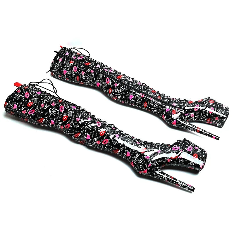 8-Inch Lip Print Thigh-High Boots - Open Toe Platform Boots
