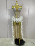 Rhinestone Feather Train Bodysuit | Stage Dress | S–XL