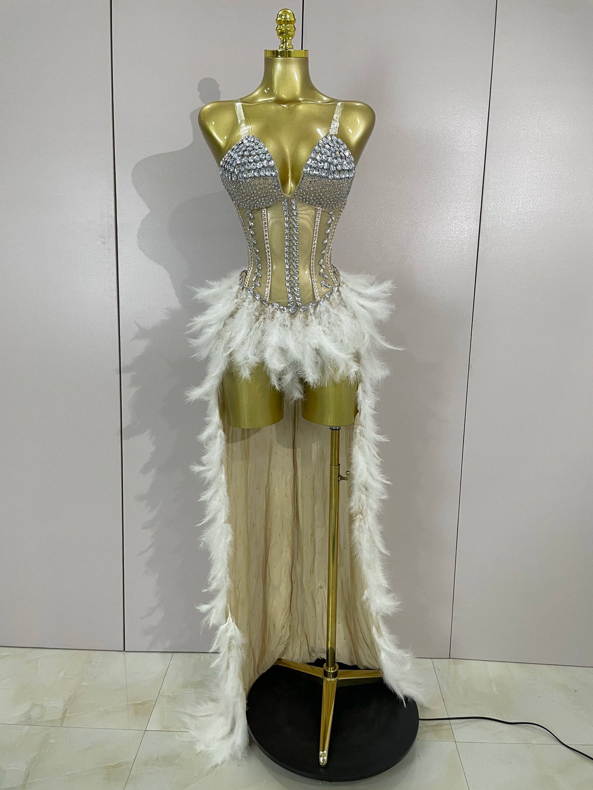 Rhinestone Feather Train Bodysuit | Stage Dress | S–XL