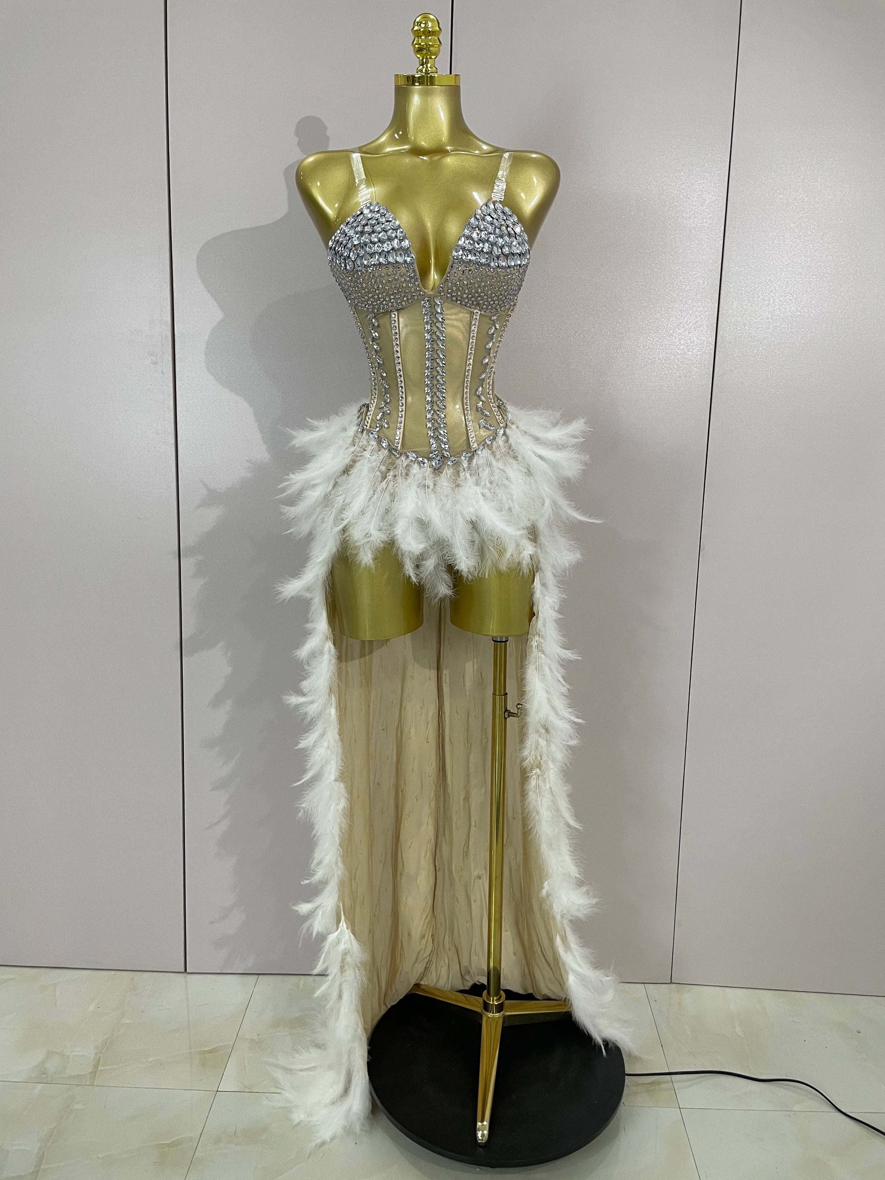 Rhinestone Corset Feather Gown | Long Feather Train | Red, Black & White