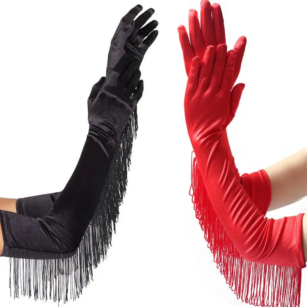 Fringe Tassel Opera Gloves — Elbow Length, 45cm | Rose Red, Red, White, Black