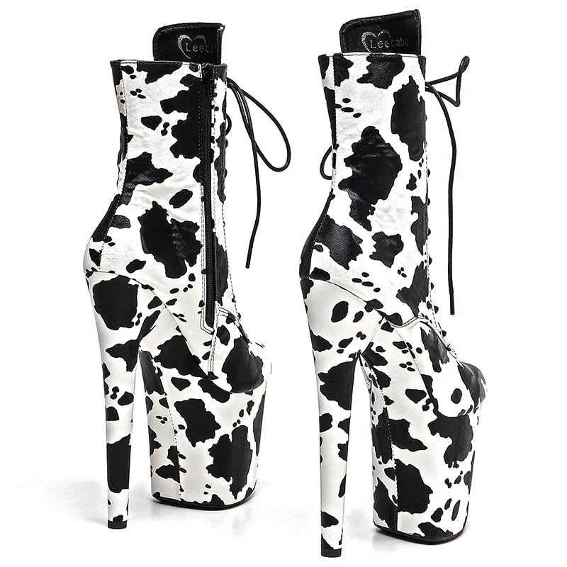 Cow Print Platform Pole Dance Boots – 8-Inch High Heel Stage Shoes