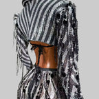 Black & White Stripes Tassel Flared Pants Coat – 2 Piece Stage Outfit