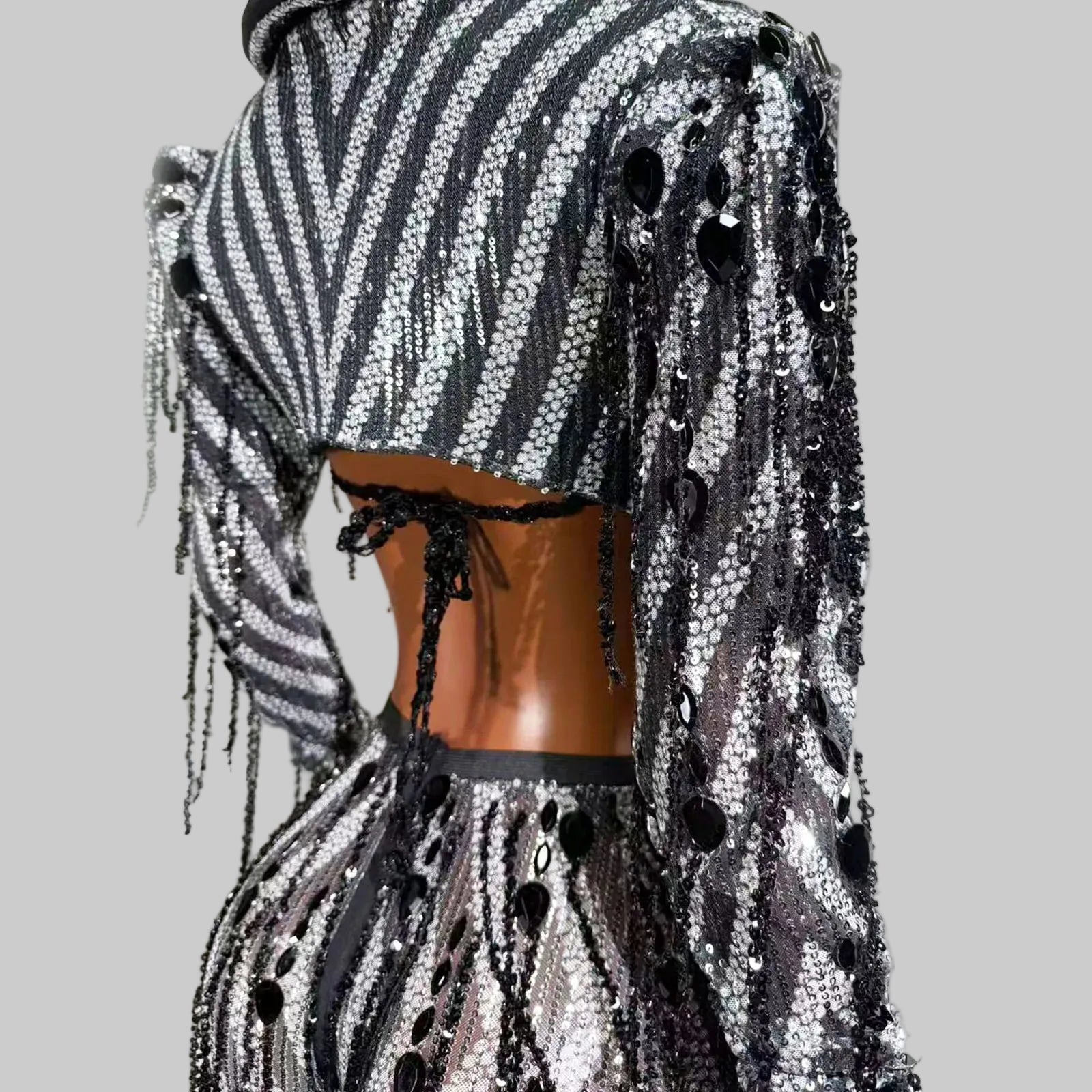 Black & White Stripes Tassel Flared Pants Coat – 2 Piece Stage Outfit