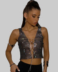 Rhinestone Fishnet Chain Crop Top - Deep V-Neck Bandage Style