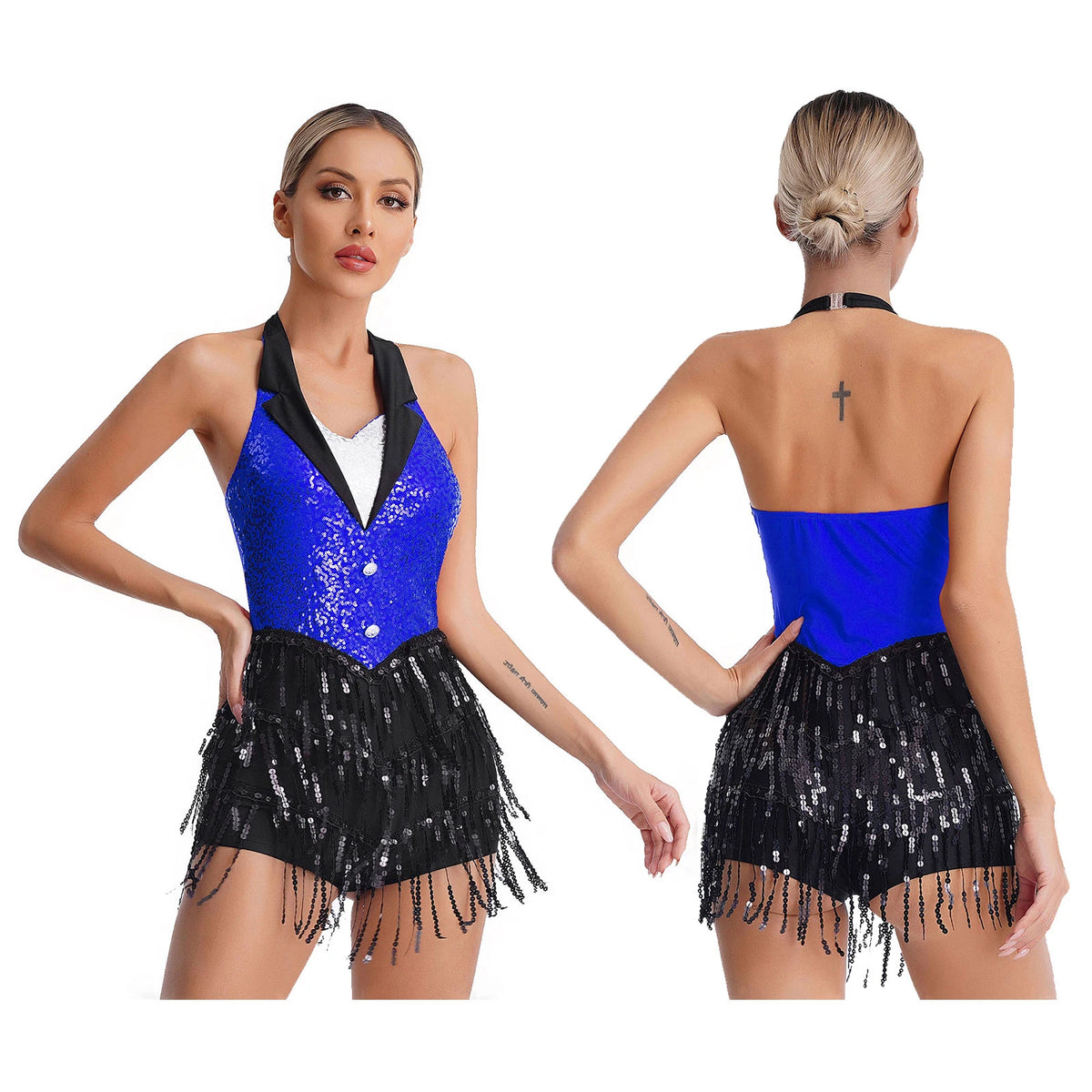 Midnight Fringe Rhinestone Latin Leotard