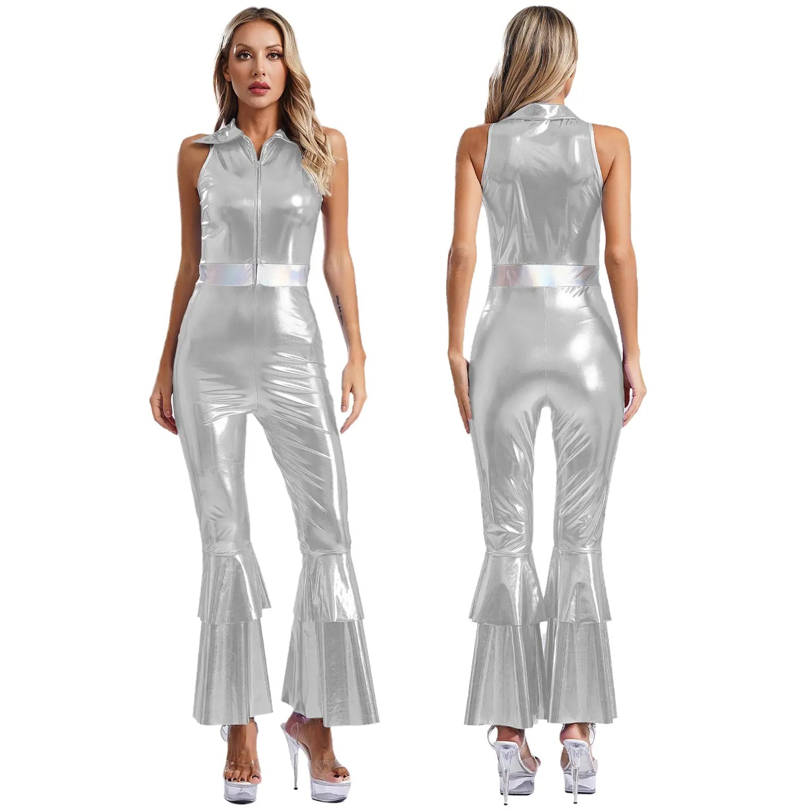 Women's Metallic Jumpsuit | Tiered Flare Sleeve | 70s Disco