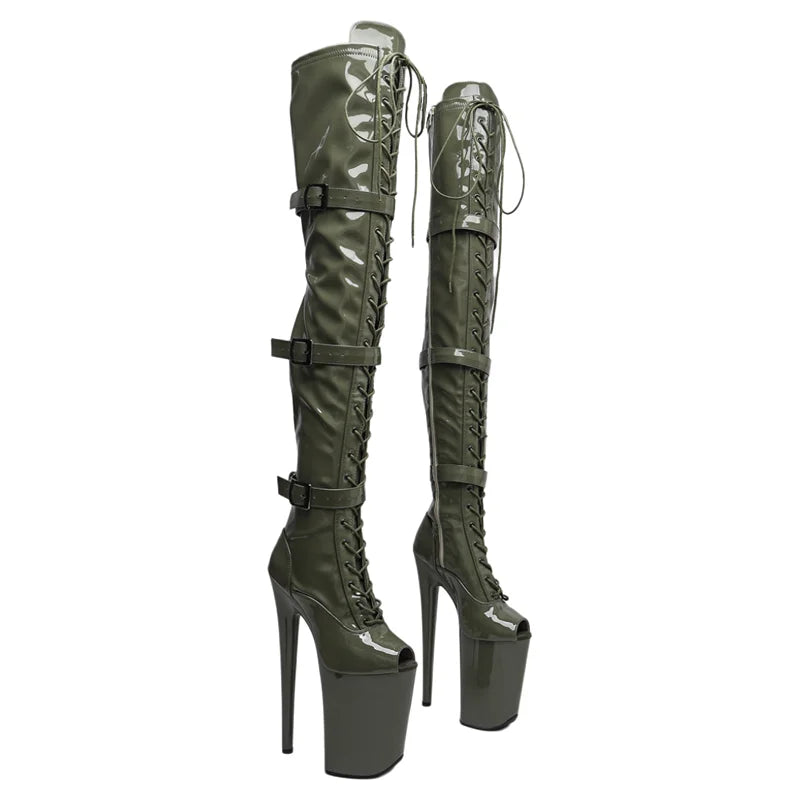 9-Inch Patent Platform Boots - Thigh-High Open Toe Dance Boots