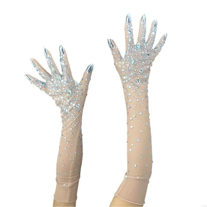 Rhinestone Opera Gloves | Sheer Mesh