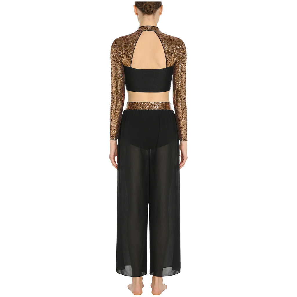 Women's Sequin Crop Top & Side-Split Chiffon Pants | Mock Neck & Cutout Back | 2-Piece Dance Set