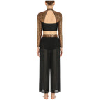 Women's Sequin Crop Top & Side-Split Chiffon Pants | Mock Neck & Cutout Back | 2-Piece Dance Set