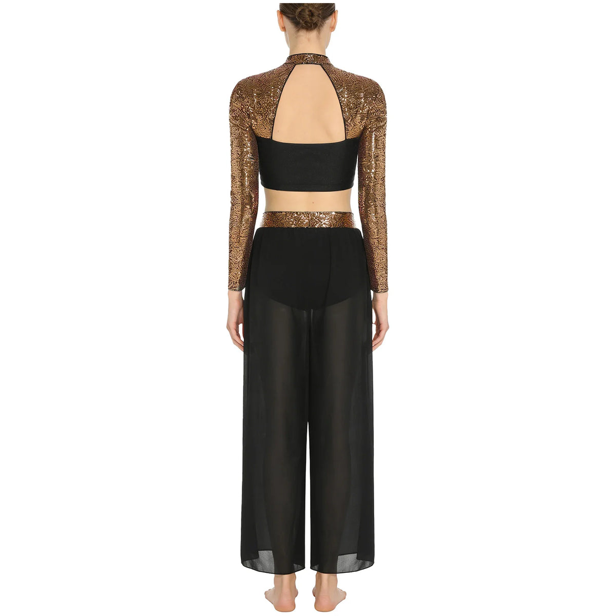 Women's Sequin Crop Top & Side-Split Chiffon Pants | Mock Neck & Cutout Back | 2-Piece Dance Set