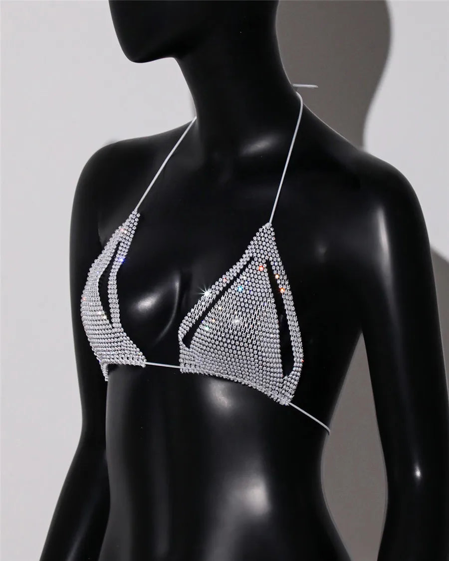 Rhinestone Fishnet Halter Bra Top - Backless Beach Bikini Top