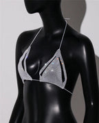 Rhinestone Fishnet Halter Bra Top - Backless Beach Bikini Top