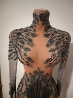 Rhinestone Tassel See-Through Stage Dress | S–XL