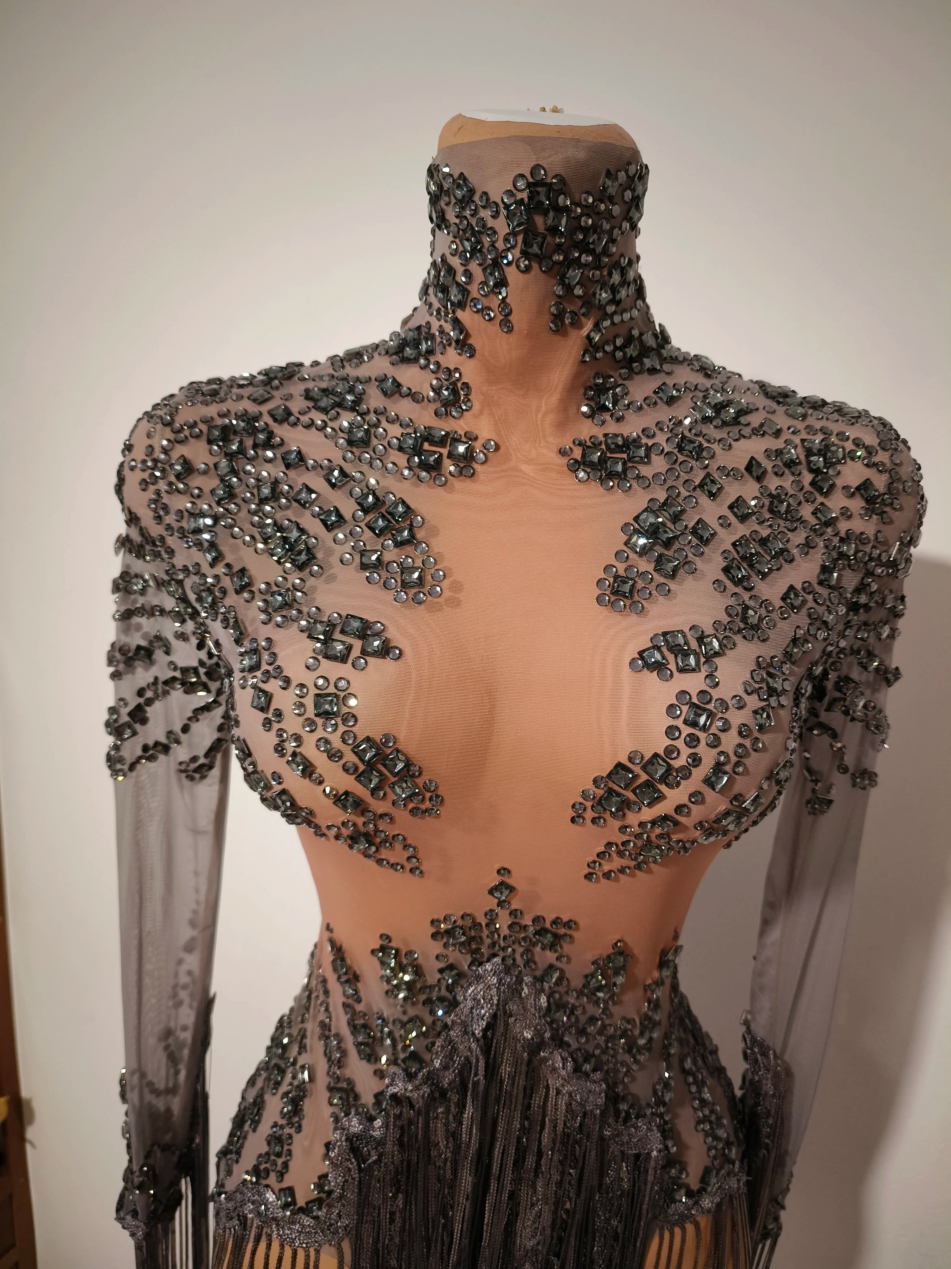 Rhinestone Tassel See-Through Stage Dress | S–XL
