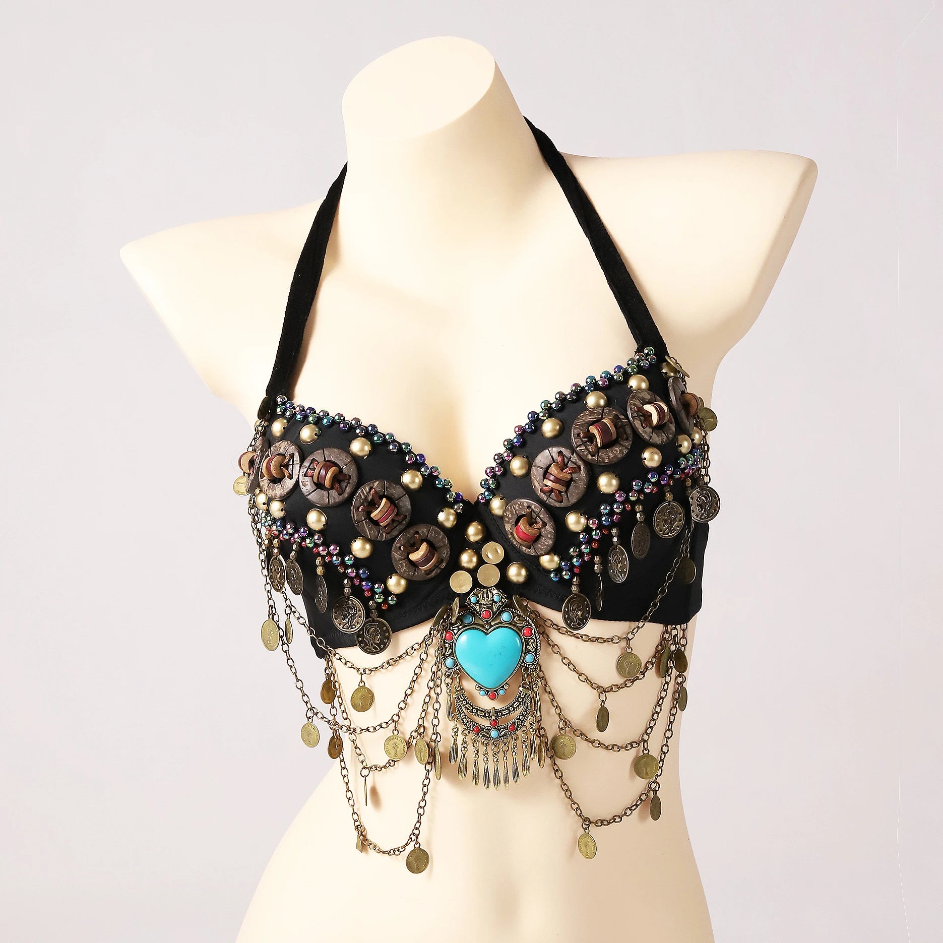 Tribal Belly Dance Bra - Vintage Gypsy Style with Beads, Mirrors & Coin Drapes